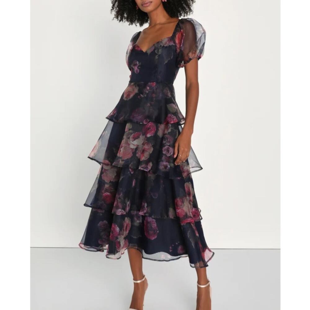 Lulu's Navy Floral Tiered Midi Dress